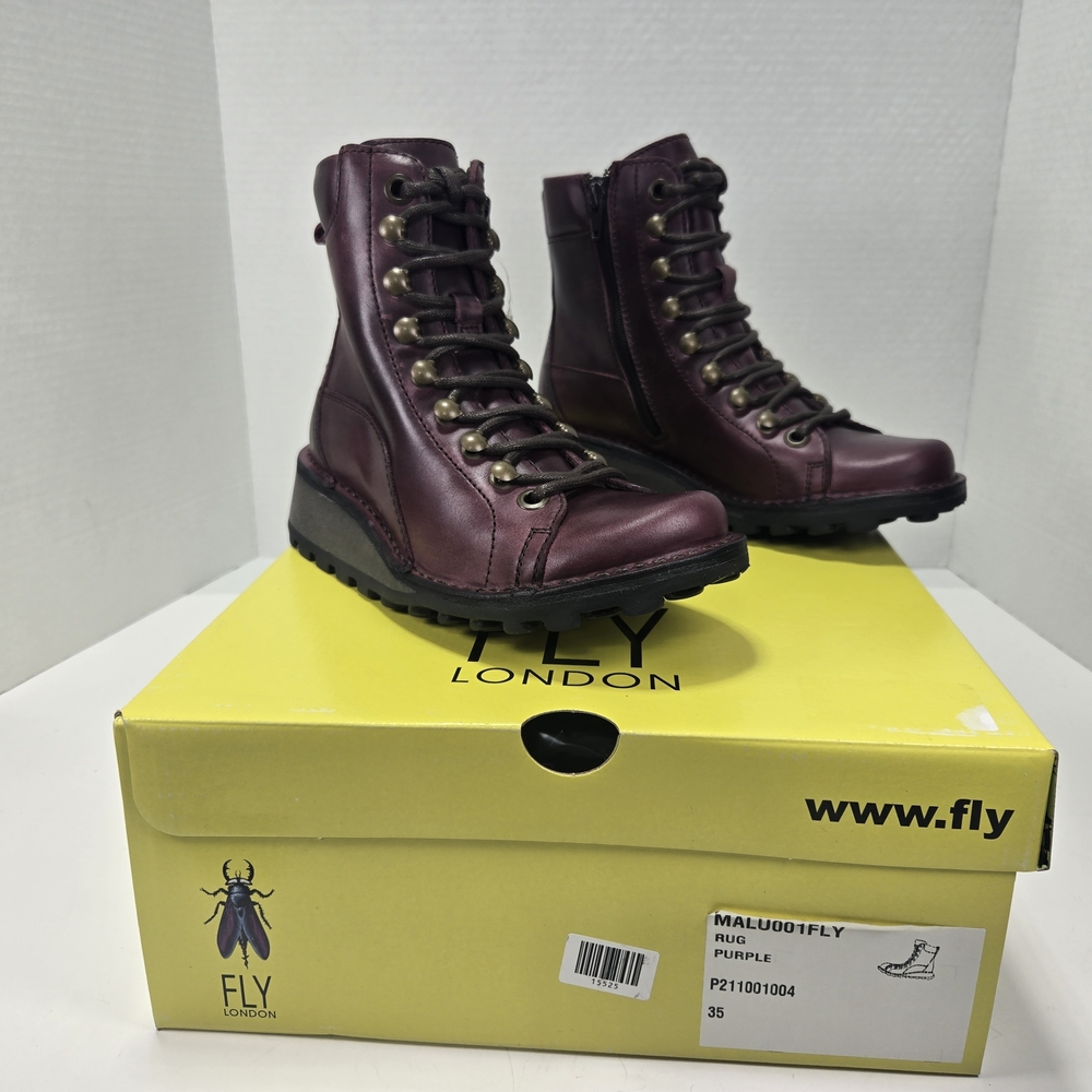 Fly London MALU001FLY Burgundy Purple Combat Hiking Ankle Boots Size EU 35 US 4